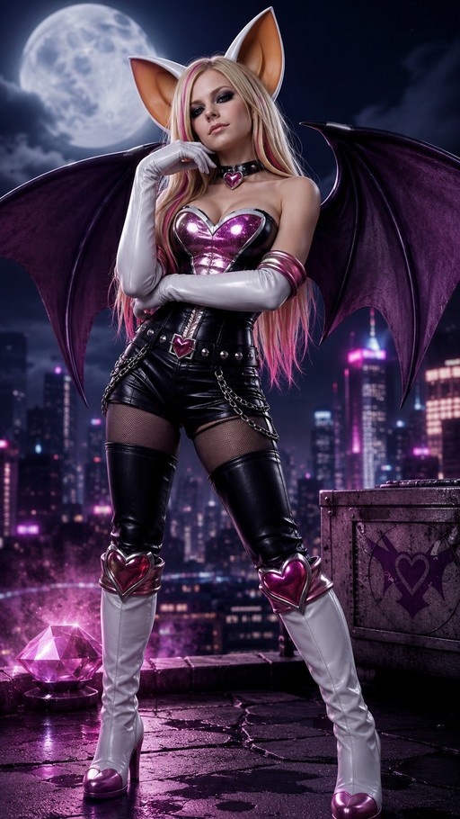 Rouge the Bat stands on a rooftop at night with bat wings spread, wearing a purple outfit with heart details under a full moon.