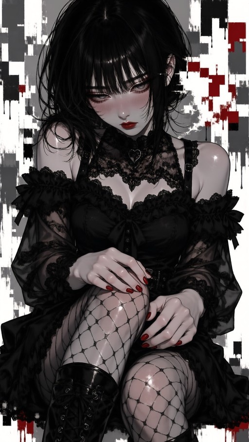 A pale-skinned anime girl with short black hair and red lips sits in a black lace dress and fishnets, wearing a heart choker against a glitchy background.