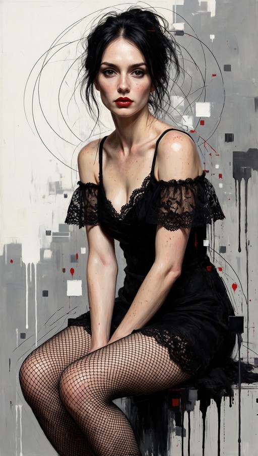 A realistic portrait of a woman with short dark hair and red lipstick, wearing a black lace dress and fishnet stockings against an abstract painted background.