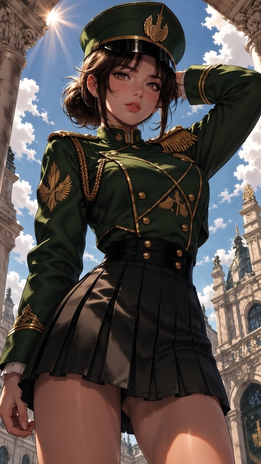 A young woman with brown hair in a bun poses outdoors wearing a green military-style jacket and black pleated skirt against a blue sky.