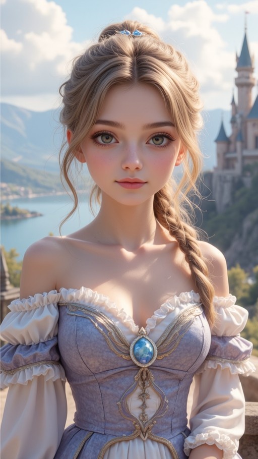 Blonde woman in a blue and white fantasy gown standing outdoors with a castle and lake in the background.
