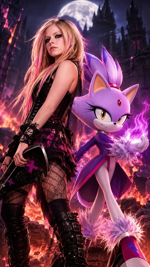 A woman resembling Avril Lavigne in a black gothic outfit stands next to the purple anthropomorphic cat character Blaze from Sonic the Hedgehog against a backdrop of a dark castle and full moon.