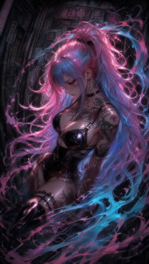 A digital painting of a woman with long pink and blue gradient hair, wearing a black latex outfit and covered in skull tattoos.