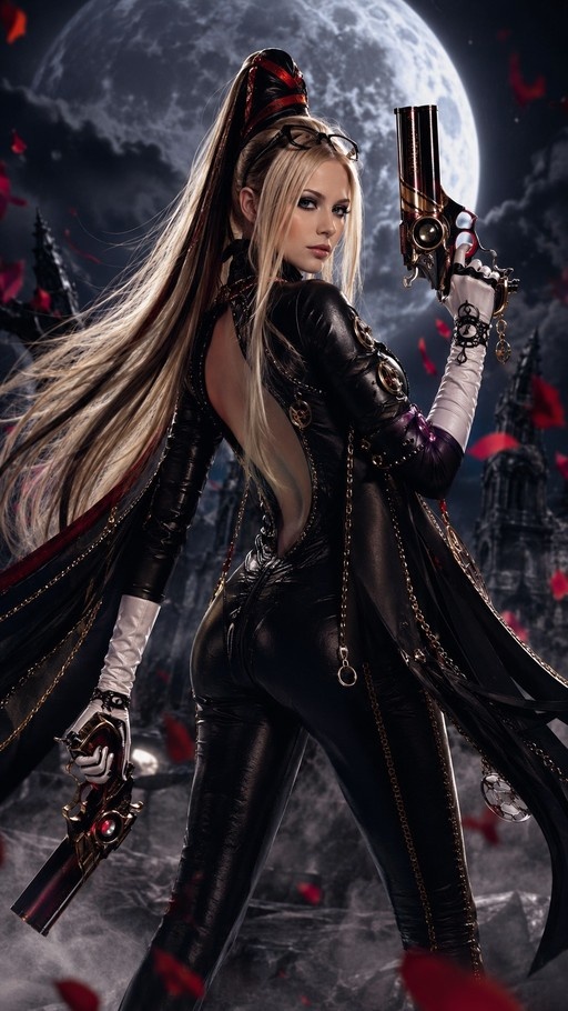 Bayonetta stands in a black bodysuit holding two guns with a large moon behind her.