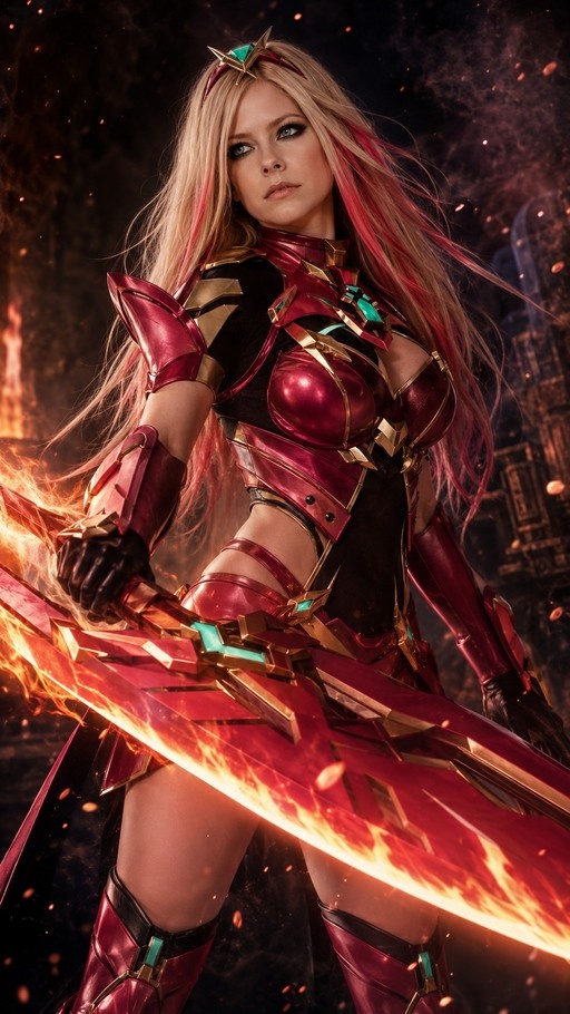 Avril Lavigne as Pyra from Xenoblade Chronicles 2 holding a flaming sword in red armor.