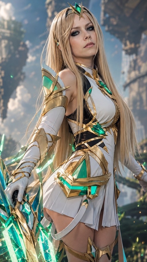 Mythra from Xenoblade Chronicles 2 holding a large crystal sword.