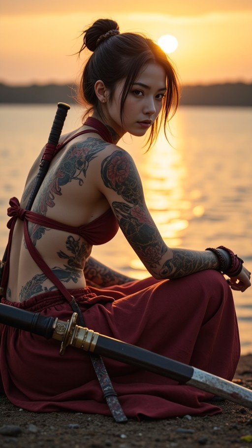A tattooed woman in a red outfit sits by the water at sunset, holding a katana across her lap while looking back at the viewer.