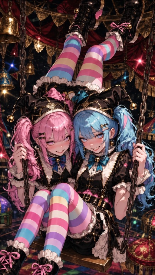 Two anime girls with pink and blue hair in jester costumes sitting on a swing in a circus tent