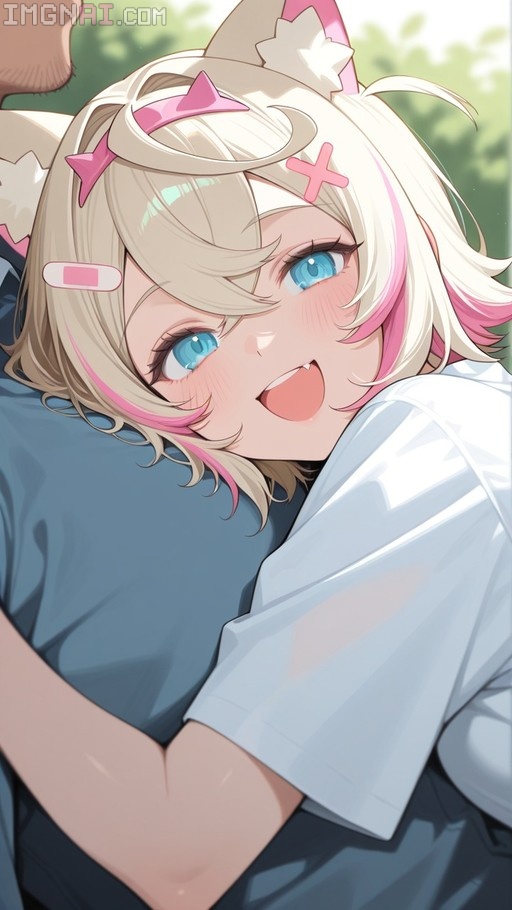 Mococo Abyssgard with blonde and pink hair and dog ears smiling while hugging someone.