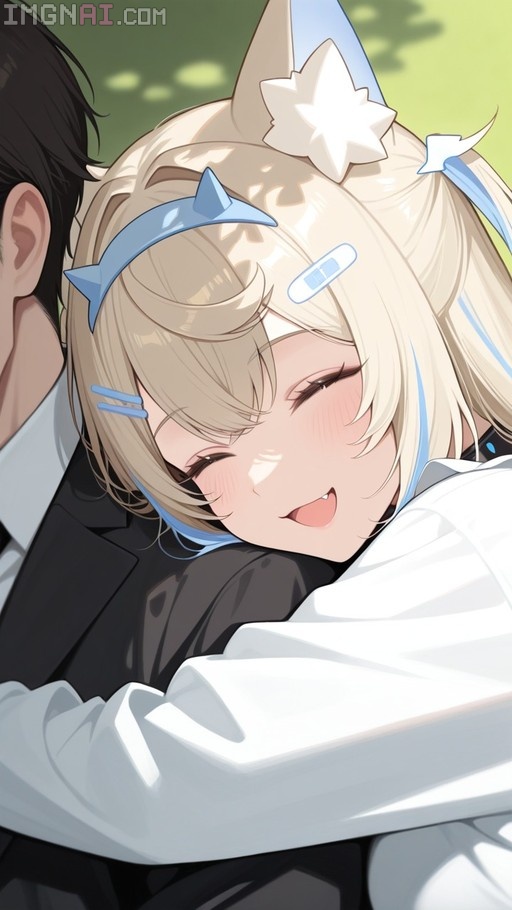 Fuwawa Abyssgard with blonde hair and dog ears smiling happily while hugging someone.
