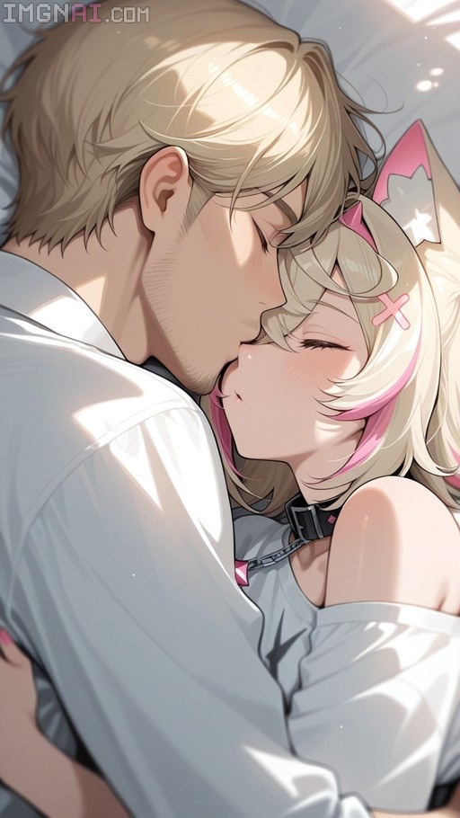 Anime illustration of Mococo Abyssgard with dog ears and pink hair kissing a blonde man in a white shirt.