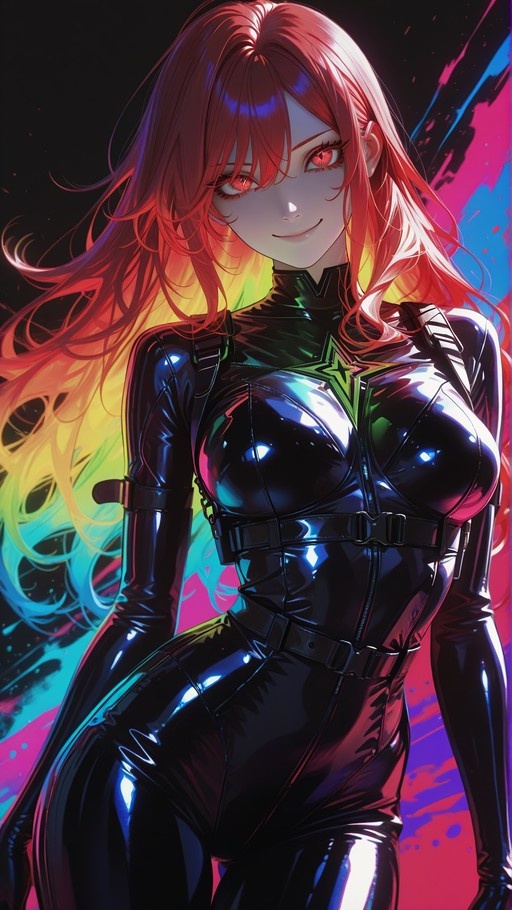 Smiling anime woman with long red hair and red eyes wearing a tight black latex bodysuit with a green star emblem against a vibrant abstract background.