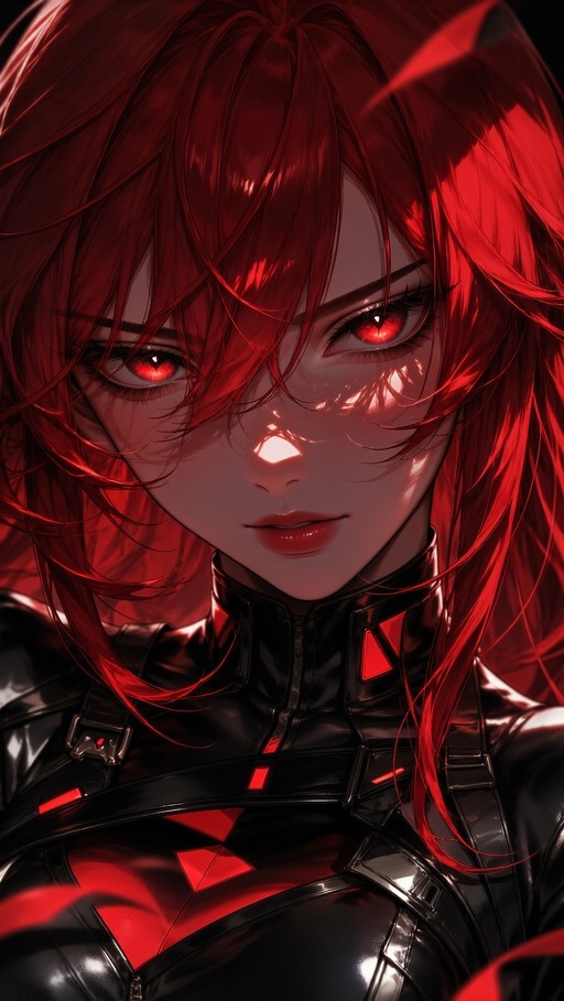 Close-up portrait of an anime girl with long red hair and glowing red eyes, wearing a shiny black bodysuit with red accents.