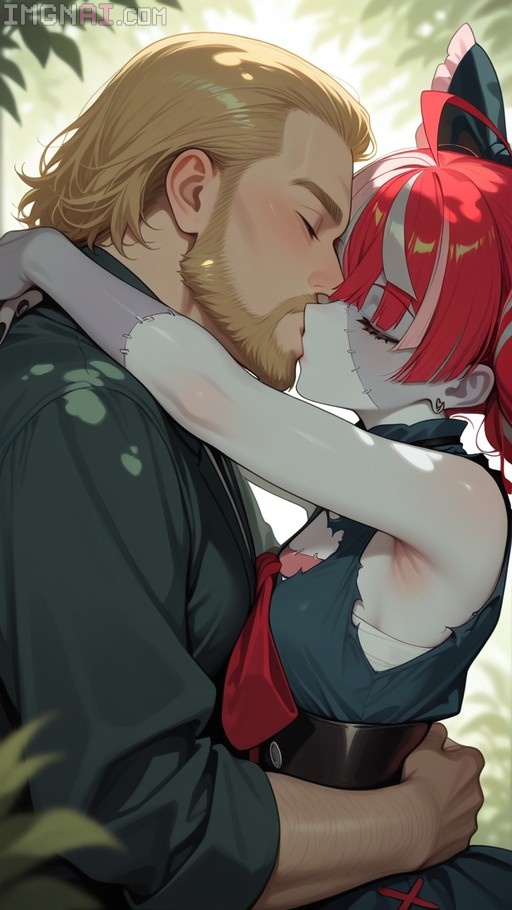 Kureiji Ollie with red hair and stitched skin shares a kiss with a bearded blonde man.