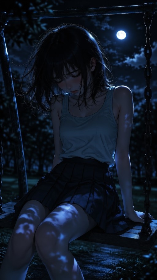 An anime-style girl with black hair sits on a wooden swing at night under a bright full moon, wearing a white tank top and dark pleated skirt with her eyes closed.