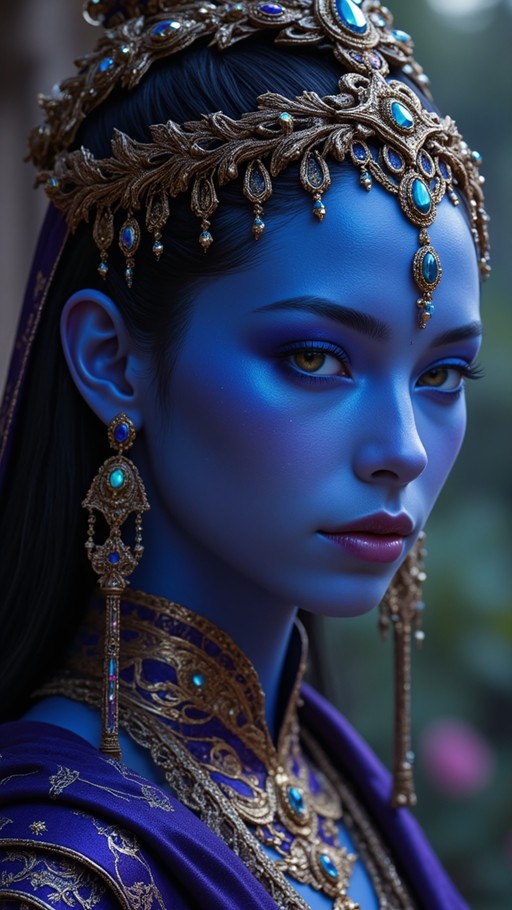 A close-up portrait of a blue-skinned woman with long dark hair, wearing an intricate gold crown set with blue gems and matching dangling earrings, dressed in purple royal attire.