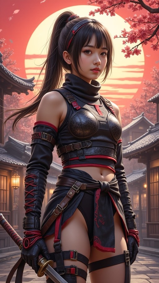 A young woman with long dark hair in a high ponytail stands outdoors wearing black and red ninja-style armor while holding a katana sword, framed by cherry blossom branches against a large red sun and traditional Japanese buildings.