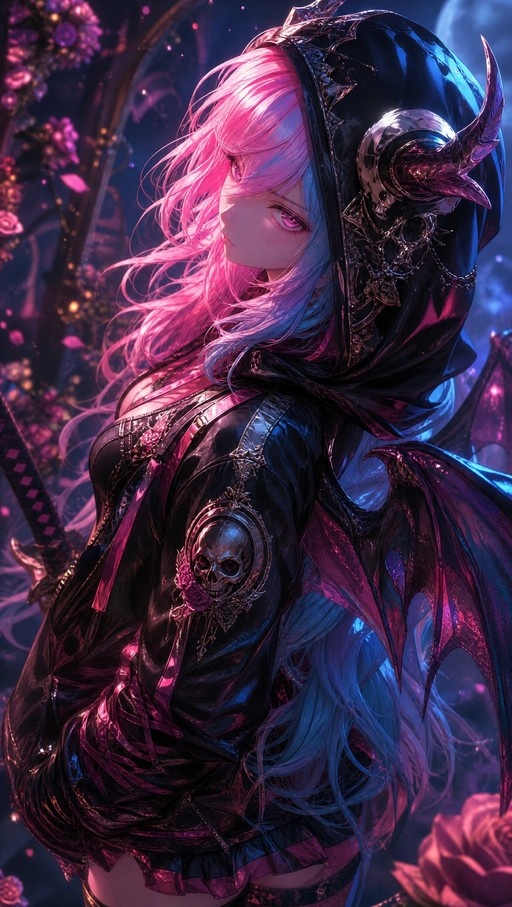 A digital illustration of a pink and blue-haired demon girl wearing a black horned hood and holding a katana amidst purple flowers.
