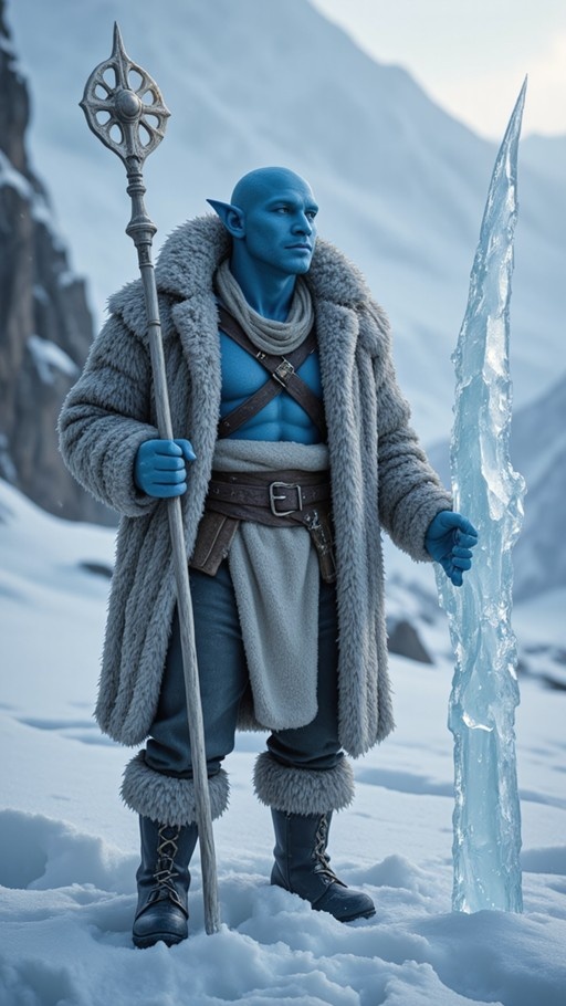 A full-body shot of a blue-skinned bald man with pointed ears wearing a grey fur coat and holding a staff next to a large piece of ice in the snow.