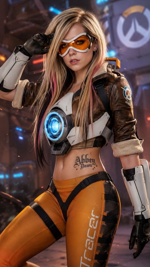 A realistic portrait of the video game character Tracer from Overwatch, wearing her signature orange goggles and brown jacket with a glowing blue device on her chest.