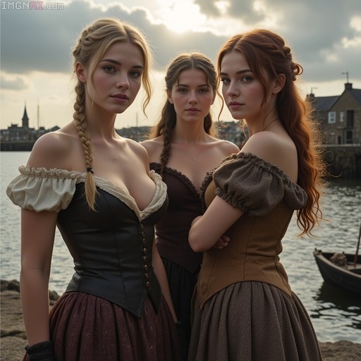 Three young women in period corset dresses stand together on a rocky shore with a harbor town and boat in the background.