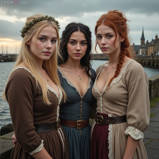 Three young women in period clothing stand together by a harbor; one wears a leaf wreath, another has dark hair, and the third has red braided hair, all looking at the viewer against a backdrop of stone buildings and water.