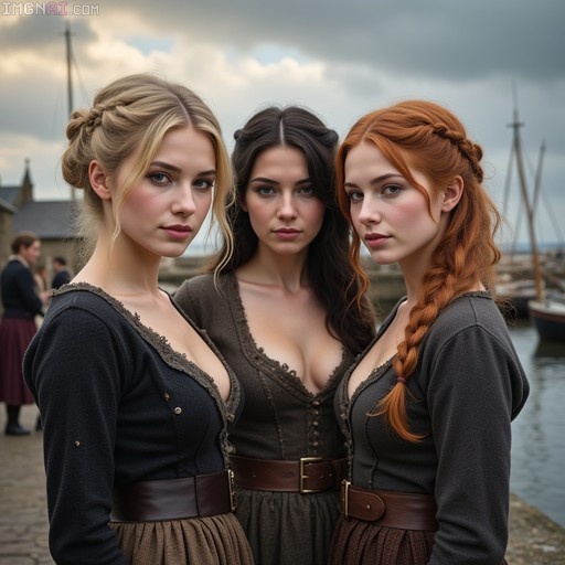 Three young women with blonde, dark, and red hair stand side-by-side at a harbor, wearing period-style low-cut bodices and wide belts.