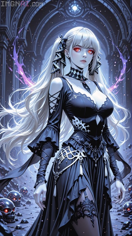 Formidable from Azur Lane as a dark fantasy warrior in a black satin dress and leather armor, standing among glowing red-eyed skulls with purple magical energy.