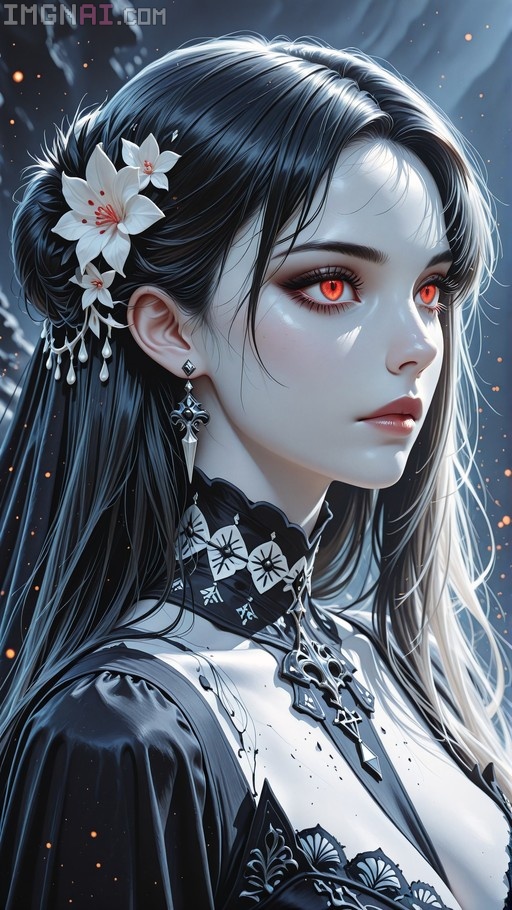 Portrait of a pale-skinned dark fantasy warrior with long black hair, striking red eyes, and white lilies in her hair, wearing intricate black armor.