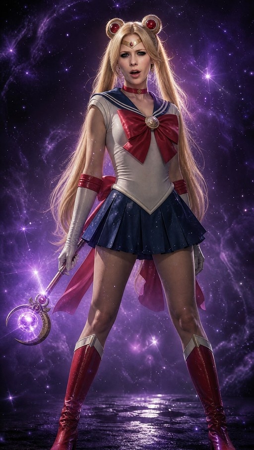 Realistic full-body portrait of Sailor Moon standing in a cosmic setting, holding a glowing crescent moon wand, wearing her signature white and blue uniform with a large red bow and red boots.