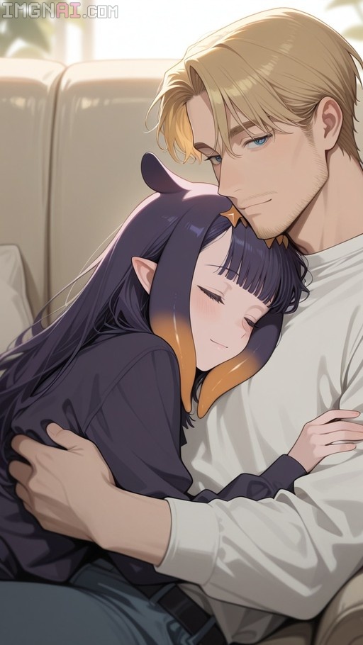 Ninomae Ina'nis in a purple hoodie hugging a blonde man on a couch