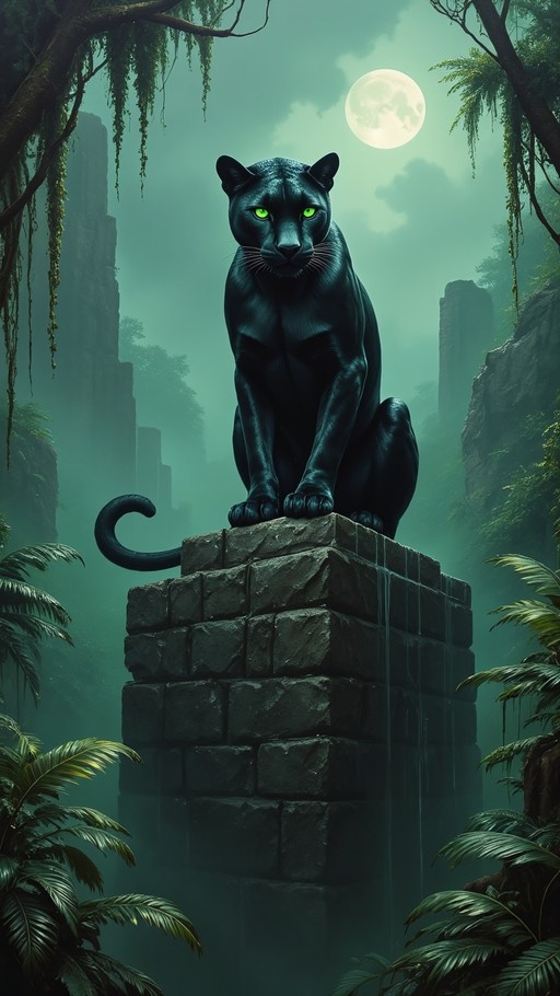 A black panther with bright green eyes sits on a stone block in a misty jungle at night under a full moon.