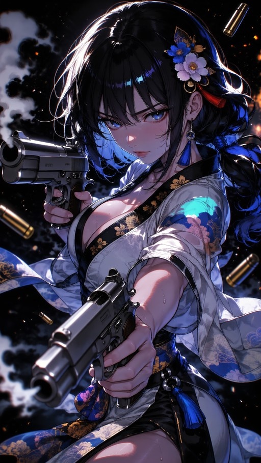An anime-style woman with dark hair and blue eyes wearing a floral kimono aims two handguns at the viewer while shell casings fly through the air.