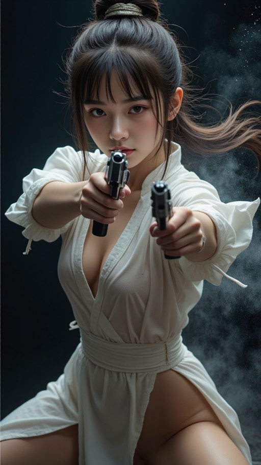 An Asian woman in a white dress aims two pistols directly at the viewer against a smoky dark background.