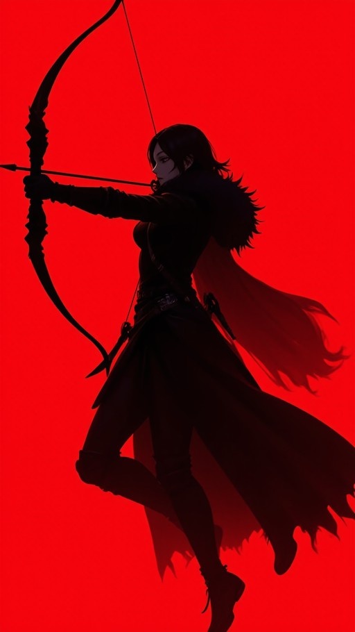 A full-body silhouette of a female archer with long dark hair and a fur-collared coat aims a bow and arrow against a solid bright red background.