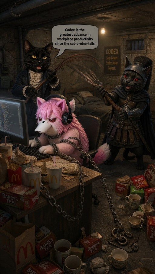 A pink-furred cat with headphones sits chained at a computer desk while two black cats in formal and Roman attire hold whips behind it.
