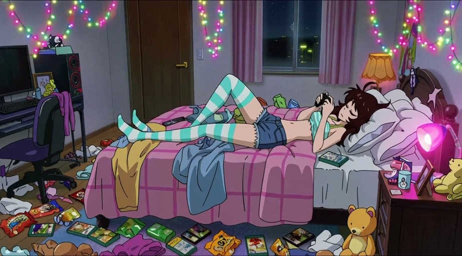 An animated girl in striped thigh-highs plays a handheld console on a messy bed before rapidly tidying the room and making the bed perfectly.