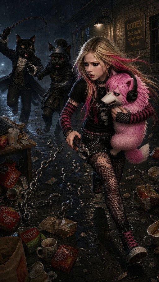 A digital illustration of a punk-styled woman resembling Avril Lavigne cutting heavy chains with bolt cutters while holding a large pink fox, pursued by two anthropomorphic black cats in a rainy alley.