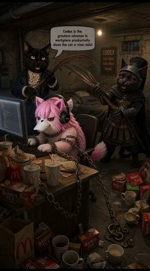 Pink furry creature wearing headphones sits chained at a computer desk surrounded by fast food cups while two black cats with whips watch over them.