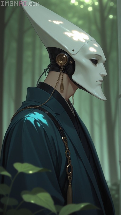 A side view of a person wearing a long white mask and a dark green robe standing in a forest with sunlight filtering through the trees.