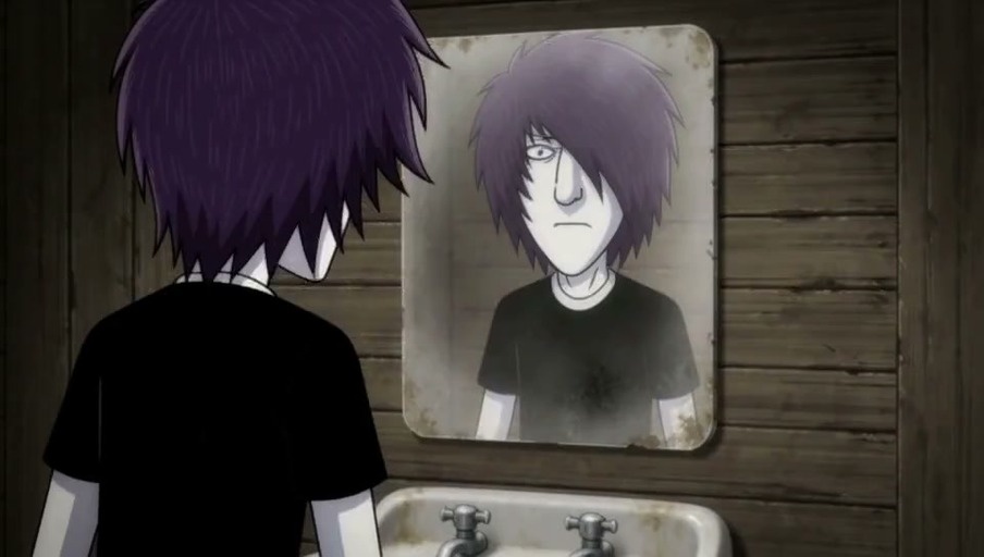 An anime character with purple hair looks at his reflection in a bathroom mirror, then uses maneuver gear and swords to swing through a town near giant walls and Titans.
