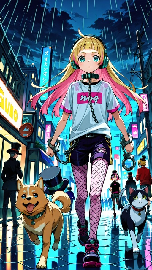 An anime-style illustration of a blonde girl with pink streaks walking in the rain through a neon-lit city street, wearing fishnets and holding handcuffs attached to her collar, accompanied by a Shiba Inu dog wearing a top hat and a black and white cat.
