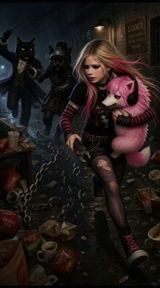 Avril Lavigne runs through a dark alley holding a pink fox with headphones while being chased by two large black cats in clothing; she climbs a building and throws a red ball on the roof.