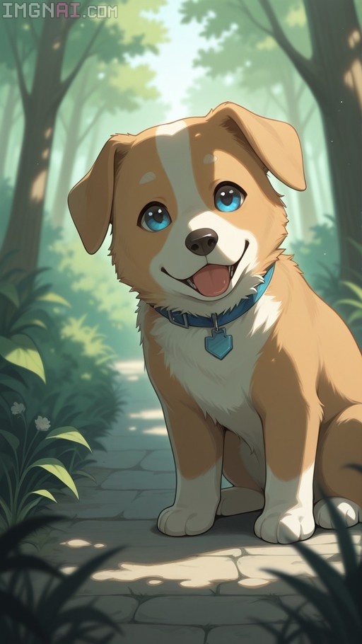 A brown and white puppy with bright blue eyes sits on a stone path in a sunlit forest, wearing a blue collar with a heart tag and looking happily at the viewer.
