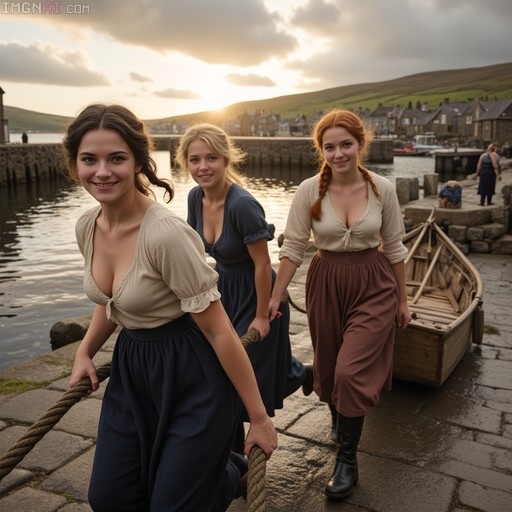 Three young women in period-style clothing pull a thick rope along a harbor dock at sunset, with a wooden boat and coastal village in the background.