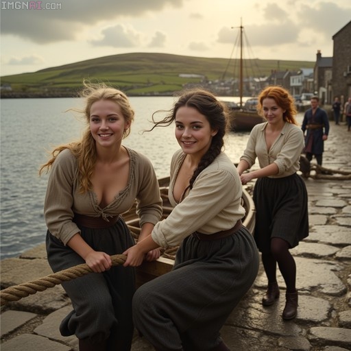 Three smiling women in period clothing hauling a wooden boat onto a stone pier with green hills in the background.
