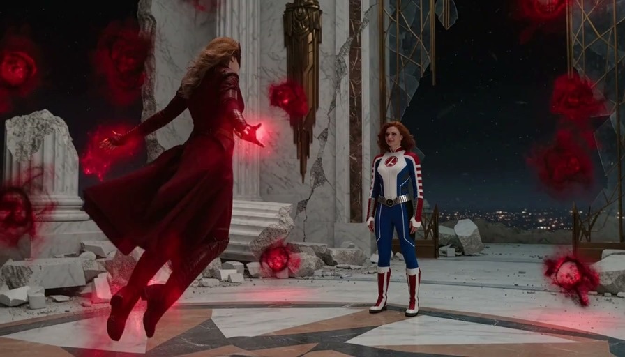 Wanda Maximoff in a red suit floats with red magic orbs facing a female superhero with golden wings and a blue suit in a ruined hall.