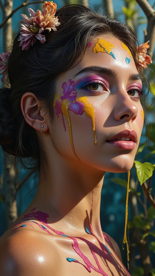 Close-up of a young woman with dark hair and flowers, showing vibrant yellow and pink paint splatters on her face and shoulders against a blurred natural background.