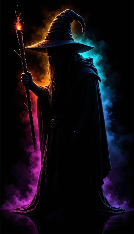 A full-body view of a wizard wearing a tall pointed hat and dark robe, holding a wooden staff with a burning flame at the top amidst swirling blue and purple mist.
