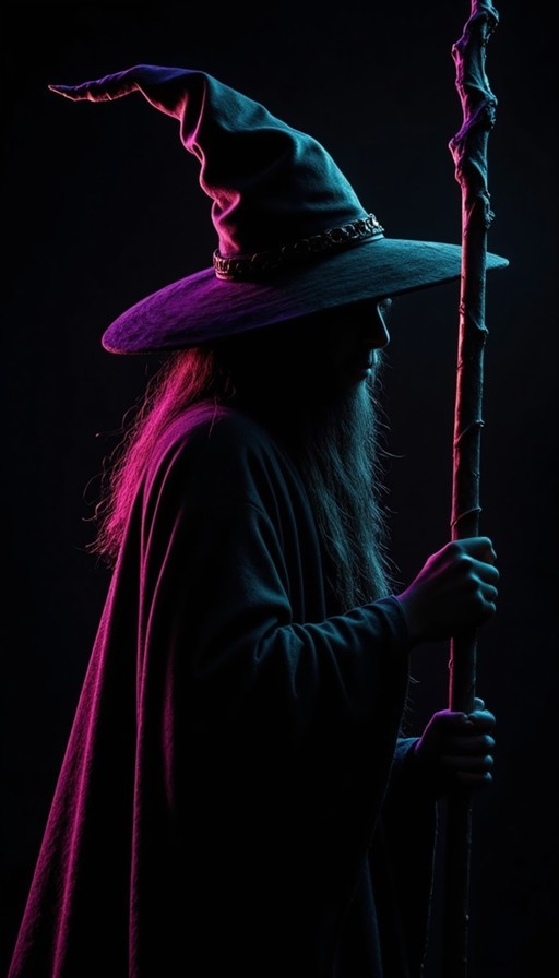 Side profile of a bearded wizard wearing a pointed hat and holding a gnarled staff against a black background with dramatic purple and blue lighting.
